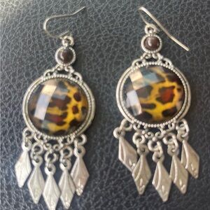 Leopard Print Silver Dangle Earrings